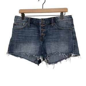 Lucky Brand Women's Denim Shorts Frayed Hem Button Fly Dark Wash The Cut Off 8